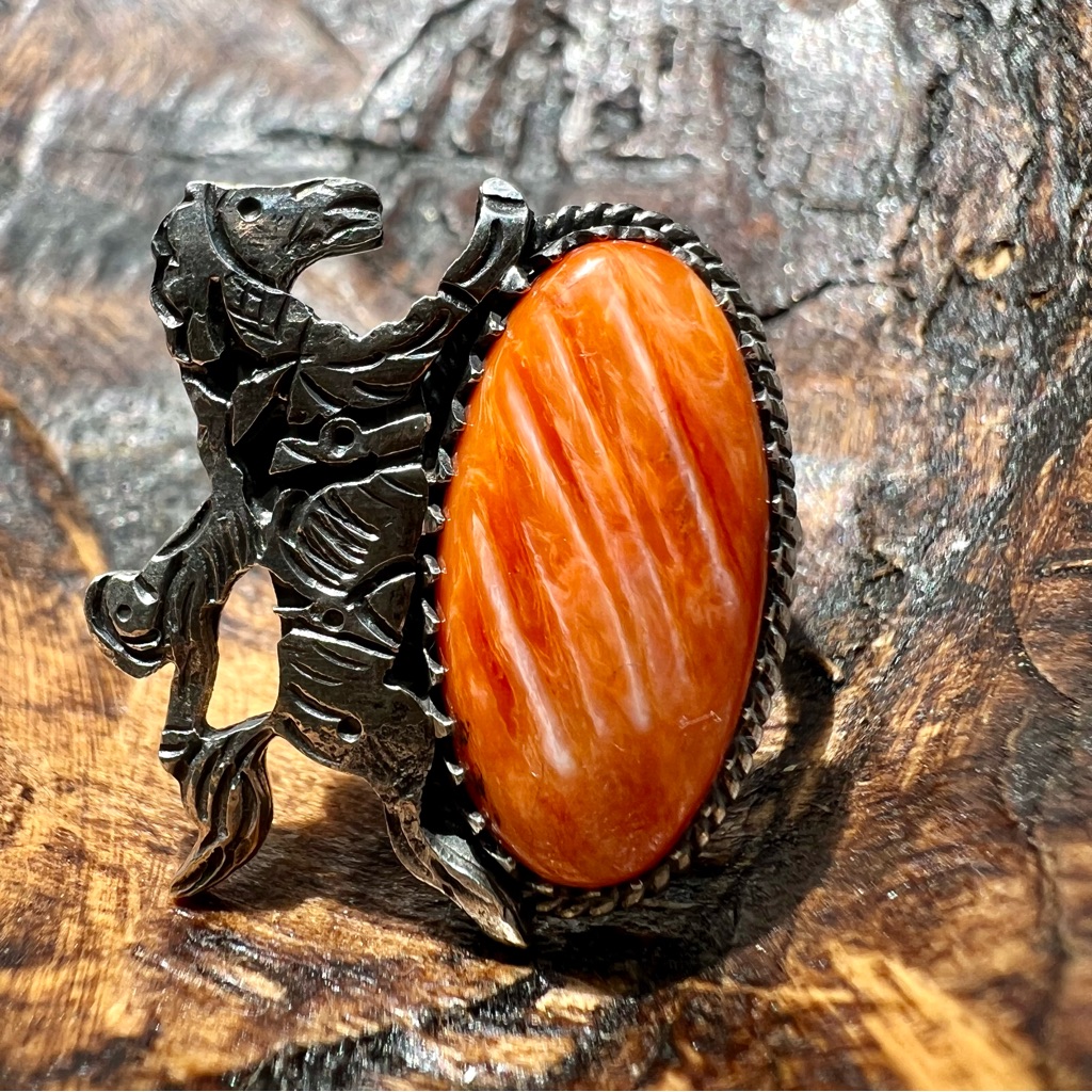 Sterling Silver Spiny Oyster Bucking Bronco Horse Ring Size 8.5 Western
